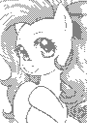 Stylized, pixelated, interlaced monochrome picture of Fluttershy